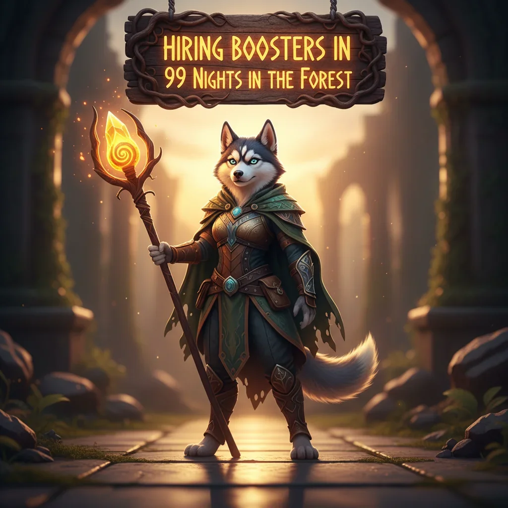 Forest at night with glowing mystical elements, hinting at adventure and hidden power, suitable for a gaming or boosting service.