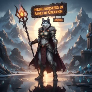 Two adventurers looking at a job board in a fantasy-themed town, with one pointing to a notice about 'Hiring Boosters'. The art style is reminiscent of Ashes of Creation.