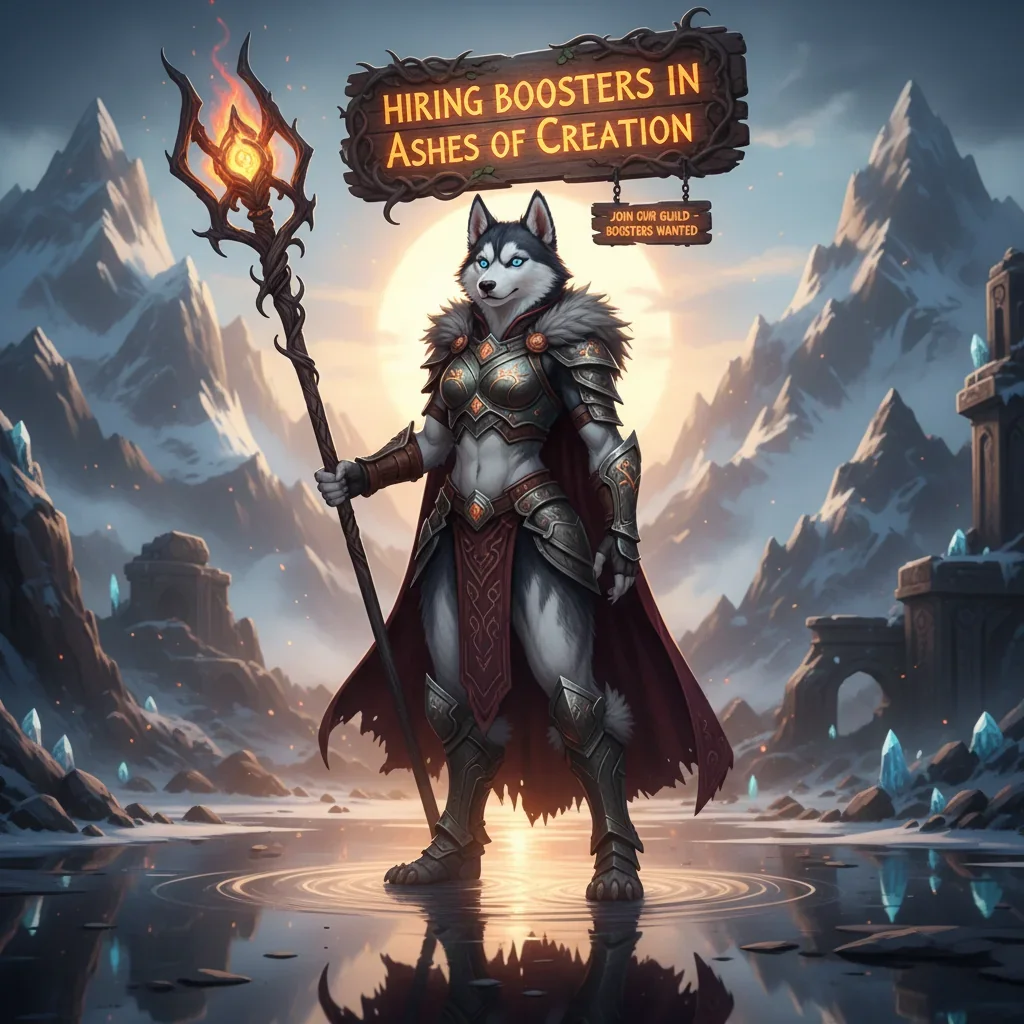 Two adventurers looking at a job board in a fantasy-themed town, with one pointing to a notice about 'Hiring Boosters'. The art style is reminiscent of Ashes of Creation.