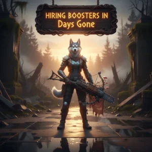 Two characters on motorcycles from Days Gone, one in the foreground looking back, the other slightly behind, with a zombie horde in the background, implying a need for help or 'boosters' in the game.