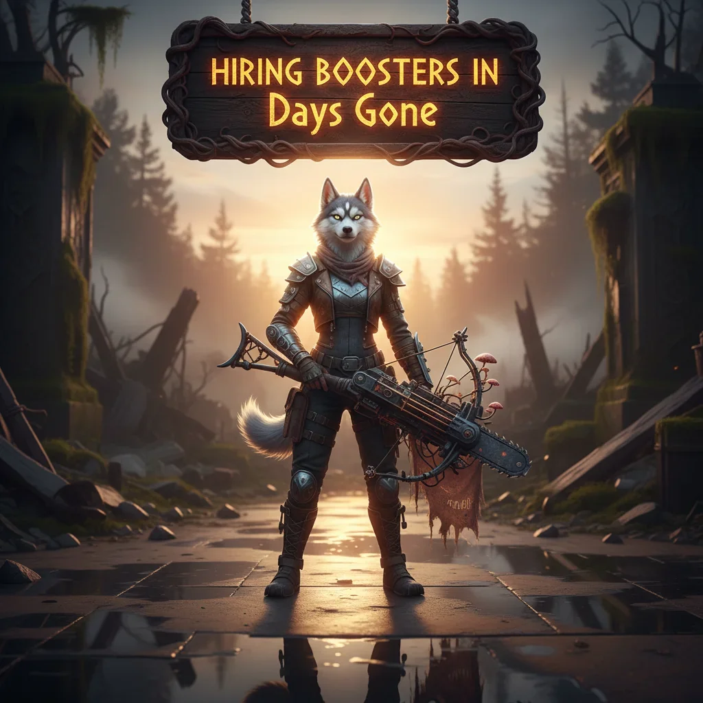 Two characters on motorcycles from Days Gone, one in the foreground looking back, the other slightly behind, with a zombie horde in the background, implying a need for help or 'boosters' in the game.