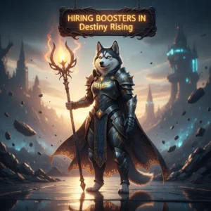 Artwork featuring Guardians from Destiny 2 alongside a 'Hiring Boosters' banner, suggesting opportunities for skilled players.