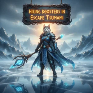 Players escaping a giant tsunami wave with the help of boosters, showcasing fast-paced action and teamwork in 'Escape Tsunami' game.