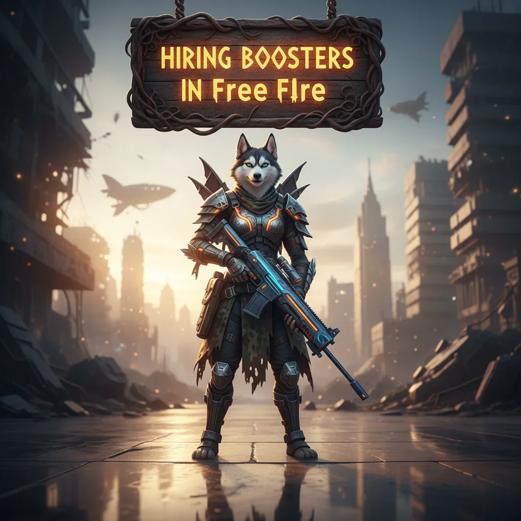 Two Free Fire characters celebrating a victory, with 'Hiring Boosters' overlayed.