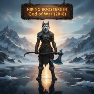 A booster character from God of War (2018) standing prominently next to Kratos and Atreus, suggesting a hired assistant, with an overlay of the Huskyboost.com logo.