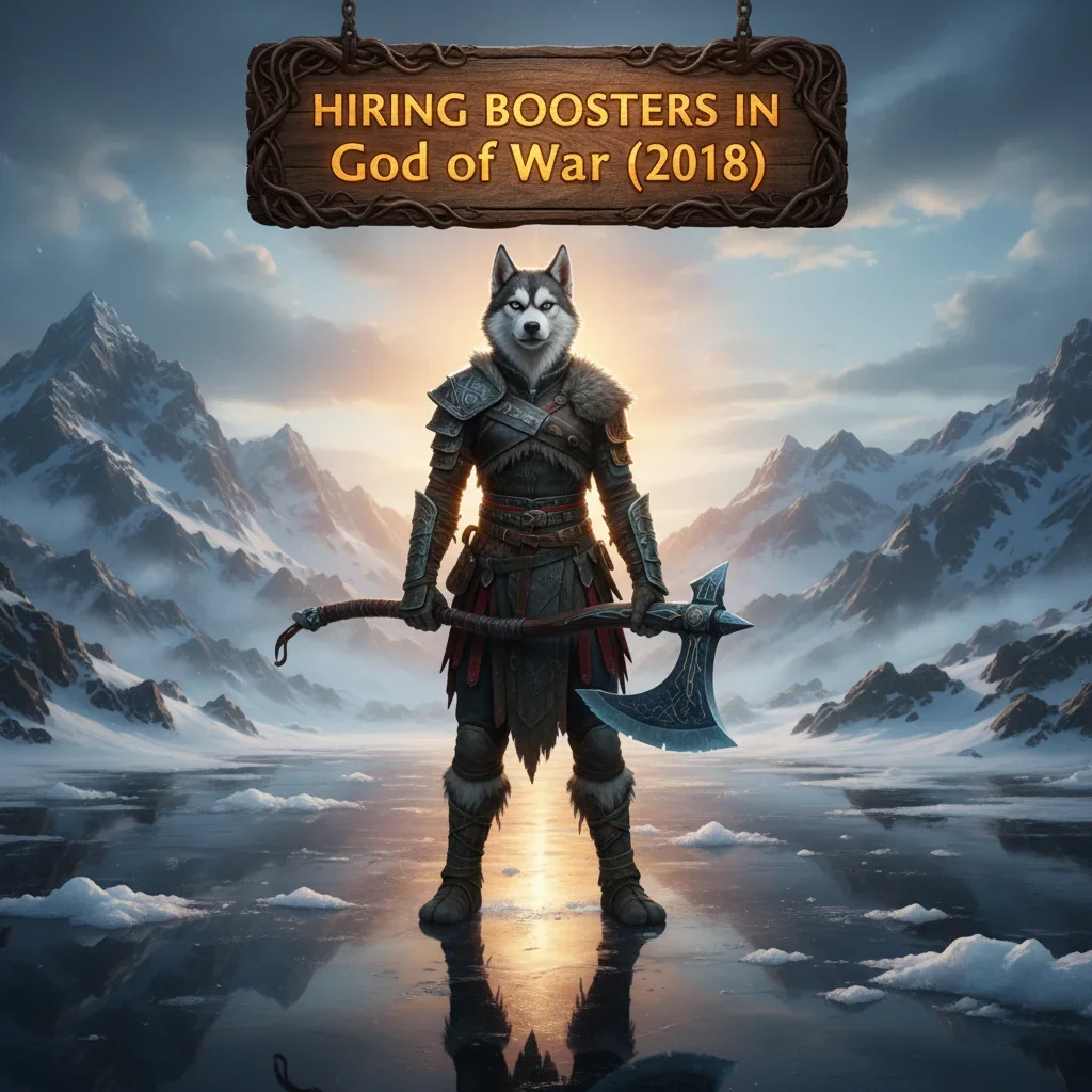 A booster character from God of War (2018) standing prominently next to Kratos and Atreus, suggesting a hired assistant, with an overlay of the Huskyboost.com logo.