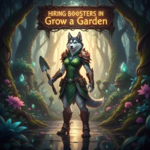 Cartoon image of a husky dog in a garden, surrounded by various growing plants and flowers, with a watering can nearby. The dog looks happy and is wearing a small gardener's hat. In the background, there's a faint outline of a gaming console, hinting at 'boosting' services.