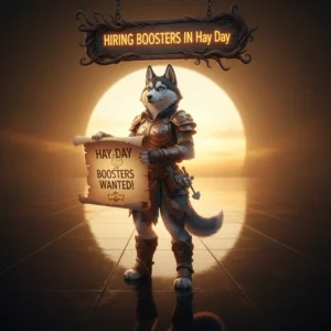 Two Hay Day players, one with a 'Hiring' sign and the other with a 'Booster Available' sign, standing in front of a farm with various Hay Day elements like crops, animals, and machines.