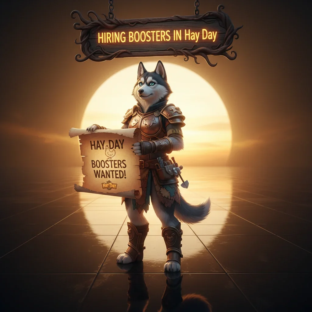 Two Hay Day players, one with a 'Hiring' sign and the other with a 'Booster Available' sign, standing in front of a farm with various Hay Day elements like crops, animals, and machines.