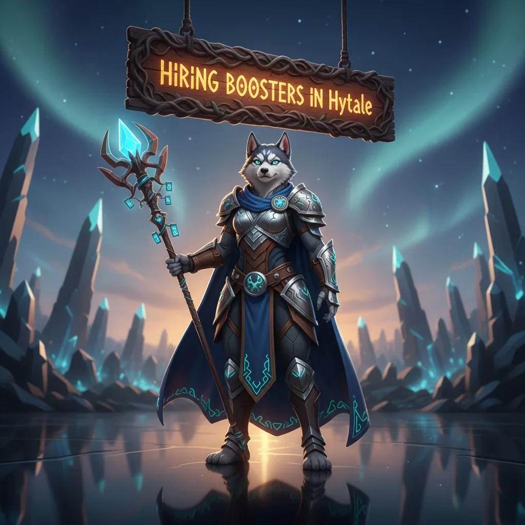 Two Hytale characters, a warrior and a mage, standing proudly with loot and gear, representing a 'boost' in-game progress. One character points towards a dynamic user interface showing a 'Hiring Boosters' option.