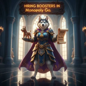 Two people playing Monopoly Go on their phones, with a 'Hiring Boosters' banner in the background, stylized for Huskyboost.com