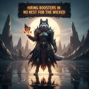 Two characters from No Rest for the Wicked, one appearing to be a warrior with a large sword, and another possibly a mage, standing in a dynamic pose. The background is dark and gritty, reflecting the game's aesthetic, with a subtle Huskyboost logo integrated into the bottom corner.