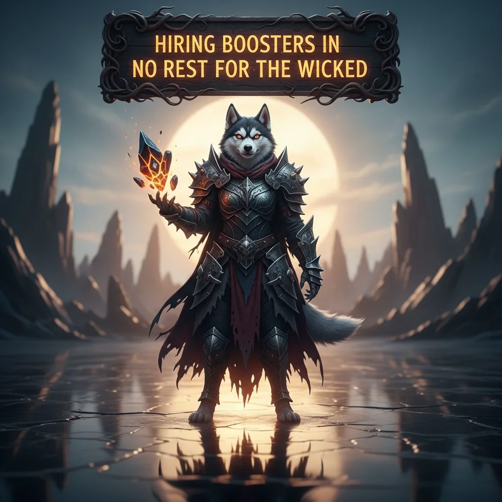 Two characters from No Rest for the Wicked, one appearing to be a warrior with a large sword, and another possibly a mage, standing in a dynamic pose. The background is dark and gritty, reflecting the game's aesthetic, with a subtle Huskyboost logo integrated into the bottom corner.