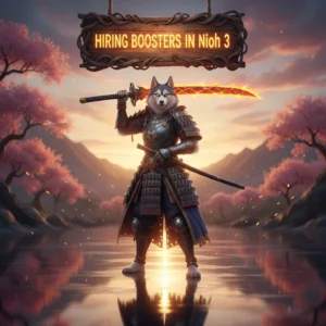 Two skilled players in samurai armor fighting a large demon, with glowing weapons and intense expressions, in a dynamic combat scene from Nioh 3, representing the 'Hiring Boosters in Nioh 3' service.