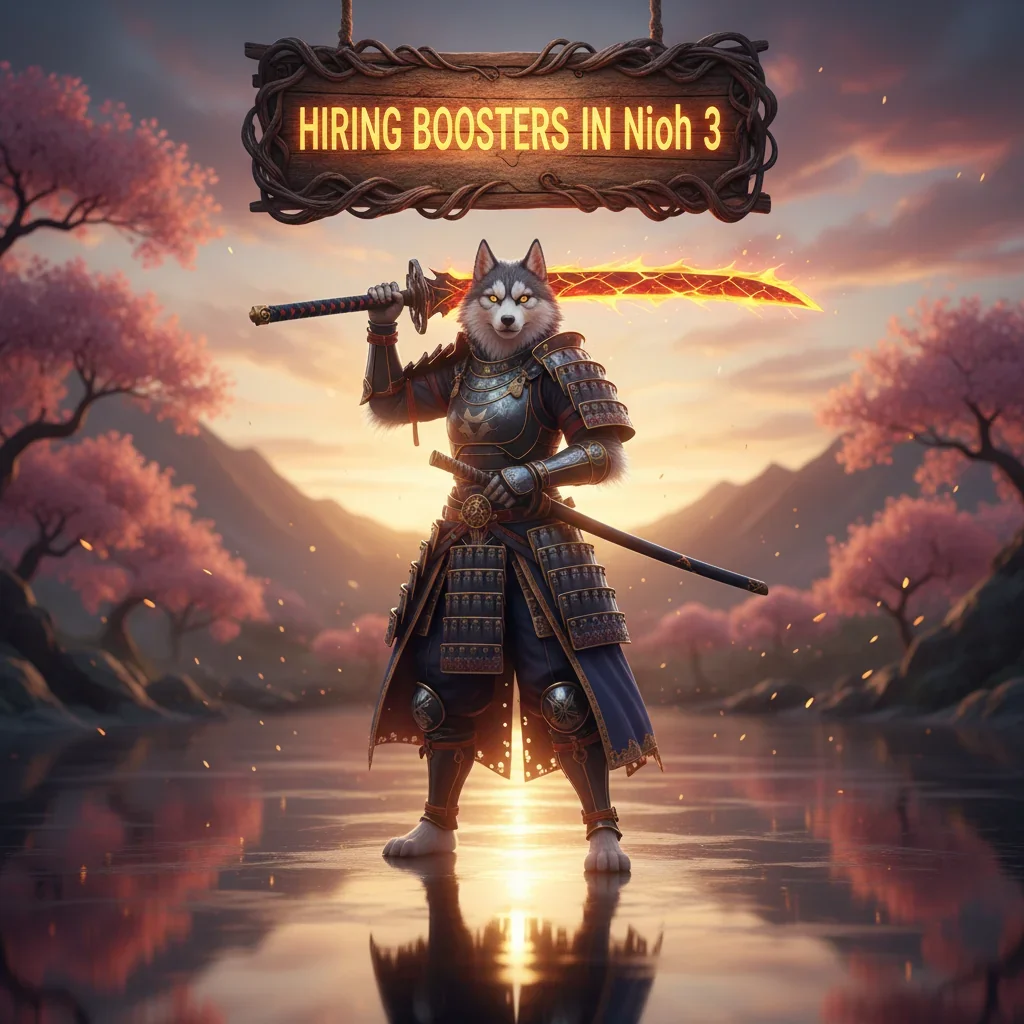 Two skilled players in samurai armor fighting a large demon, with glowing weapons and intense expressions, in a dynamic combat scene from Nioh 3, representing the 'Hiring Boosters in Nioh 3' service.