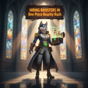 Screenshot from One Piece Bounty Rush featuring a diverse crew of characters, with a focus on the game's interface for hiring boosters and improving bounty. The image should convey action and strategy within the game.