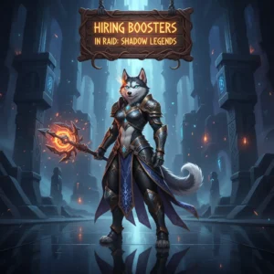 Two powerful champions from RAID: Shadow Legends, one a legendary attacker and the other a strong support, stand ready for battle. The background features the game's iconic arena with a glowing portal, symbolizing the readiness for new challenges and the boost provided by professional players. The image conveys a sense of strength, strategy, and the enhanced gaming experience that comes with professional assistance.