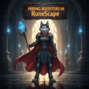 Two RuneScape characters, one in powerful, high-level gear and another in more modest, starter gear, standing side-by-side. The more powerful character is offering guidance or items to the less powerful one, symbolizing a 'booster' helping a 'newbie'. The background is a recognizable RuneScape setting, like Lumbridge or the Grand Exchange.