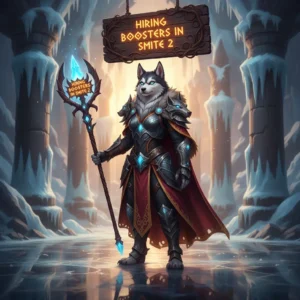 Two prominent Smite 2 characters, a mage and a warrior, stand ready for battle with epic poses, vibrant abilities glowing around them. The background features the iconic Smite 2 arena, emphasizing a competitive and high-stakes gaming environment. The scene captures the essence of teamwork and power, relevant to 'hiring boosters'.