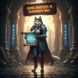 Two Summoners War characters, Lushen and Theomars, standing triumphantly on a battlefield with the Huskyboost logo in the background, representing the concept of 'Hiring Boosters in Summoners War'.