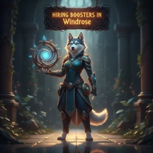 Two professional gamers, representing 'boosters,' are shaking hands with a new client in a stylized, modern office setting with the Windrose company logo subtly visible in the background. The boosters are dressed in sleek, branded esports attire, exuding confidence and professionalism, while the client looks excited and ready to begin their gaming journey.