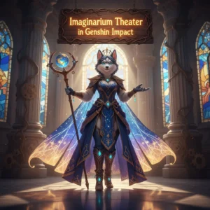 A husky character dressed in fantasy attire, holding a scroll, stands in a magical theater setting for Genshin Impact.