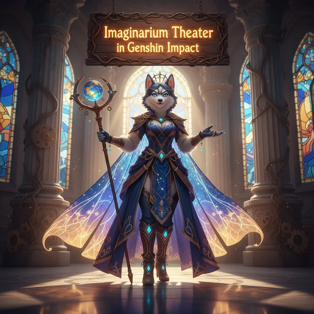 A husky character dressed in fantasy attire, holding a scroll, stands in a magical theater setting for Genshin Impact.