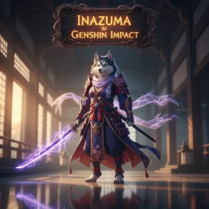 A fantasy game-inspired artwork featuring an anthropomorphic Husky character in an Inazuma-themed environment.