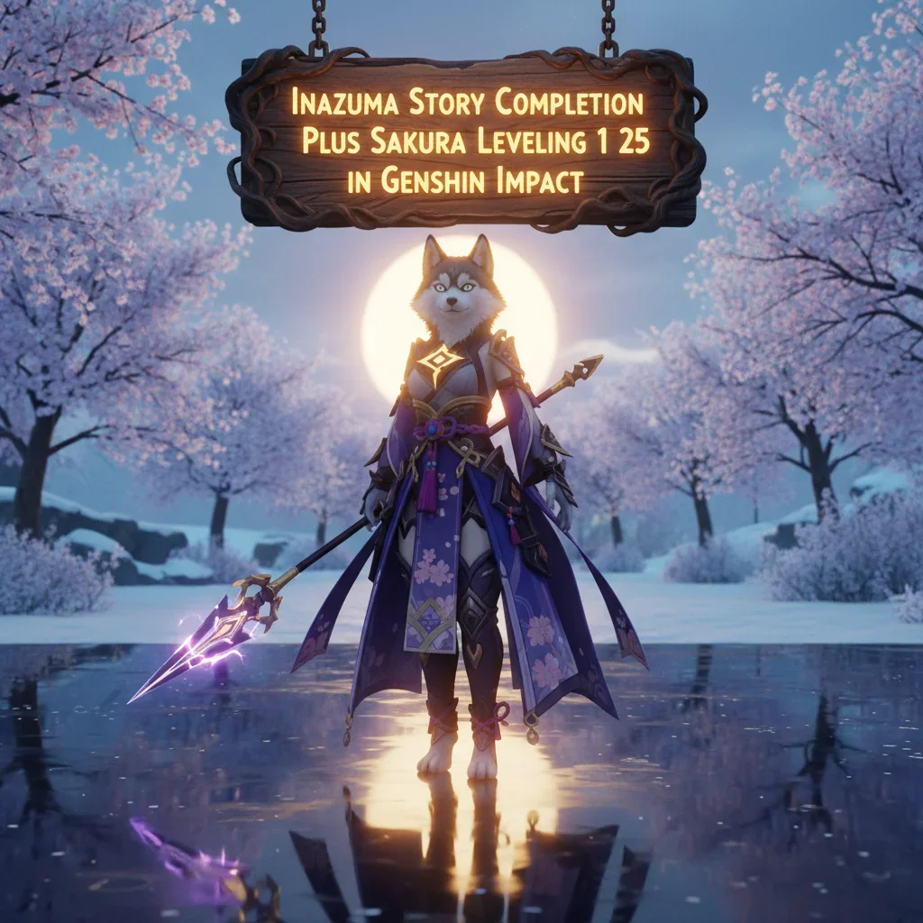 A fantasy artwork featuring an anthropomorphic Husky character in an Inazuma-inspired environment, representing story completion and Sakura Tree progression.