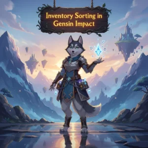 An anthropomorphic Husky character in fantasy attire, surrounded by various game items, representing inventory sorting and management.