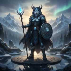 Sebuah karya seni fantasi yang menampilkan karakter anjing Husky wanita antropomorfik, berdiri tegak. Seni ini bertema sekitar layanan boosting LoL.