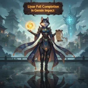 An anthropomorphic Husky character in fantasy attire within a Liyue-inspired setting, representing Genshin Impact game content.
