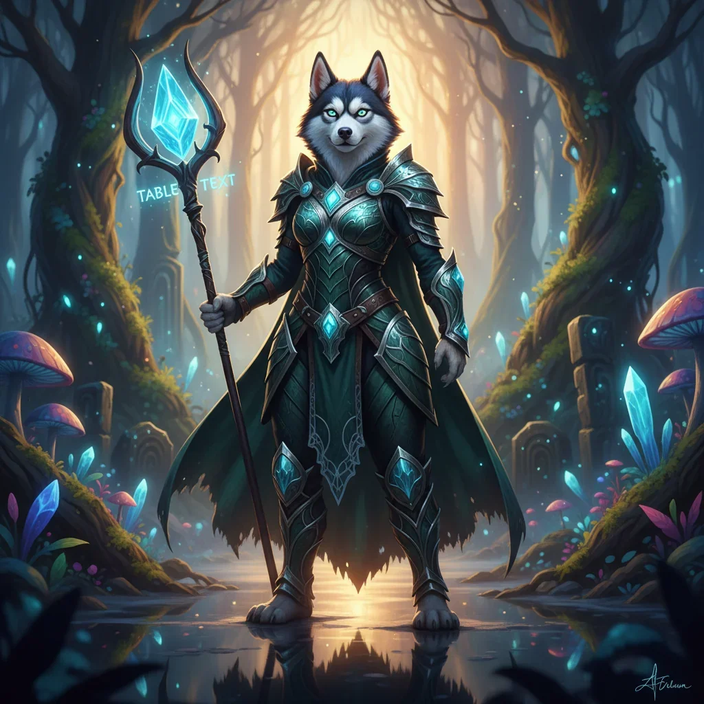 Eine anthropomorphe weibliche Husky-Figur in Fantasy-Rüstung steht aufrecht in einer epischen Spielwelt-Umgebung und verkörpert LoL Boost-Dienste.
