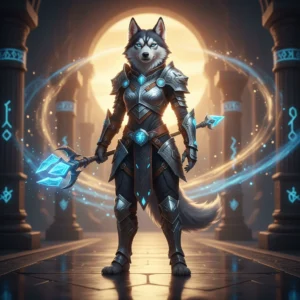 Een vrouwelijke husky in een fantasie-outfit, staand in een magische omgeving, geïnspireerd op 'LoL Boost Diensten'.