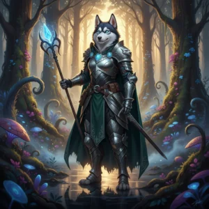 LoL Boost Hizmetleri temasını taşıyan bir fantezi sanat eserinde, dik duran dişi bir Husky karakteri.