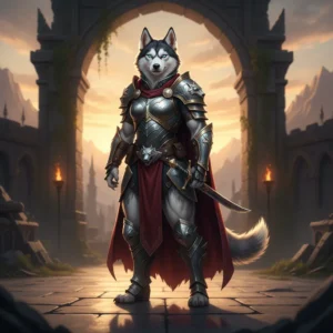 Fantasykonst med League of Legends-inspirerat innehåll och en stående kvinnlig Husky i rustning, fokuserad på LoL Boost-tjänster.
