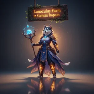 Fantasy artwork featuring an anthropomorphic Husky character, themed around Genshin Impact's Lunoculus farming.