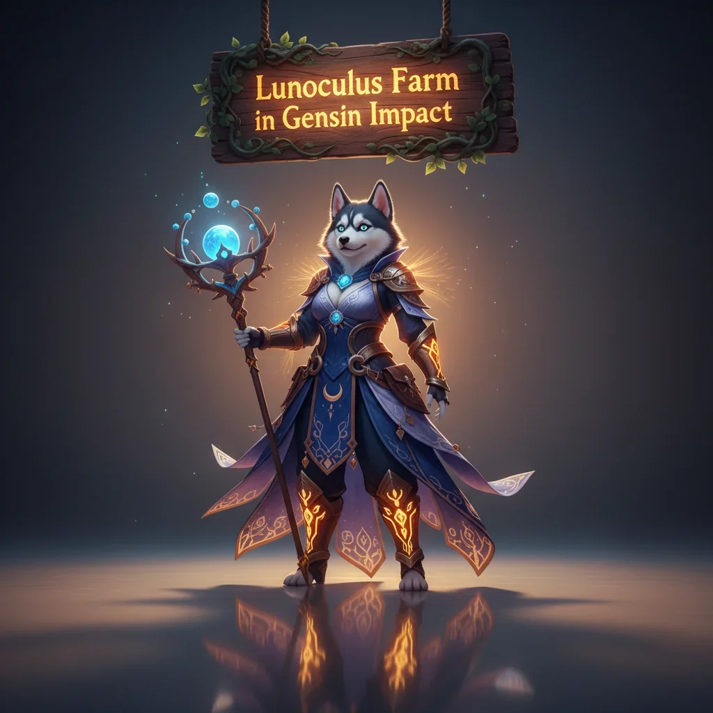 Fantasy artwork featuring an anthropomorphic Husky character, themed around Genshin Impact's Lunoculus farming.