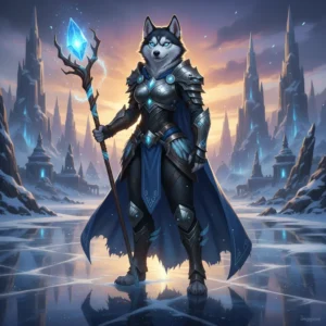 Isang anthropomorphic na babaeng Husky character sa isang kapaligirang inspirasyon ng pantasya, nauugnay sa mga Serbisyo ng LoL Boost at mga layunin sa pag-unlad ng laro.