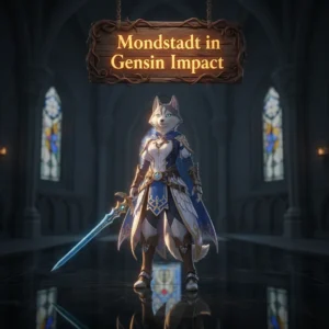 An anthropomorphic Husky character in fantasy attire, against a backdrop inspired by the Mondstadt region in Genshin Impact, representing game content.