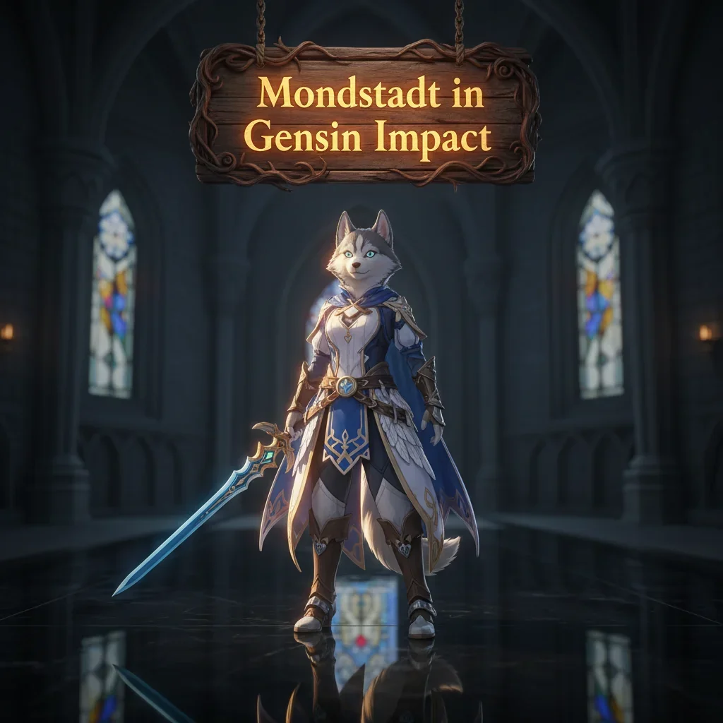 An anthropomorphic Husky character in fantasy attire, against a backdrop inspired by the Mondstadt region in Genshin Impact, representing game content.