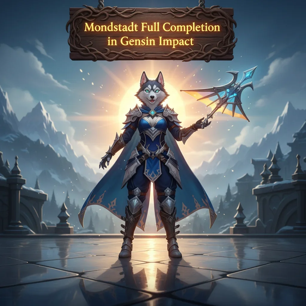 A fantasy artwork with an anthropomorphic Husky character in Mondstadt, inspired by Genshin Impact game content and objectives.
