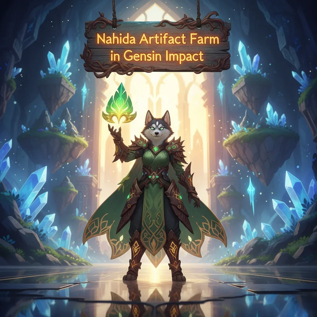 Fantasy artwork featuring an anthropomorphic Husky character, Genshin Impact-inspired, surrounded by mystical energy and glowing artifacts.