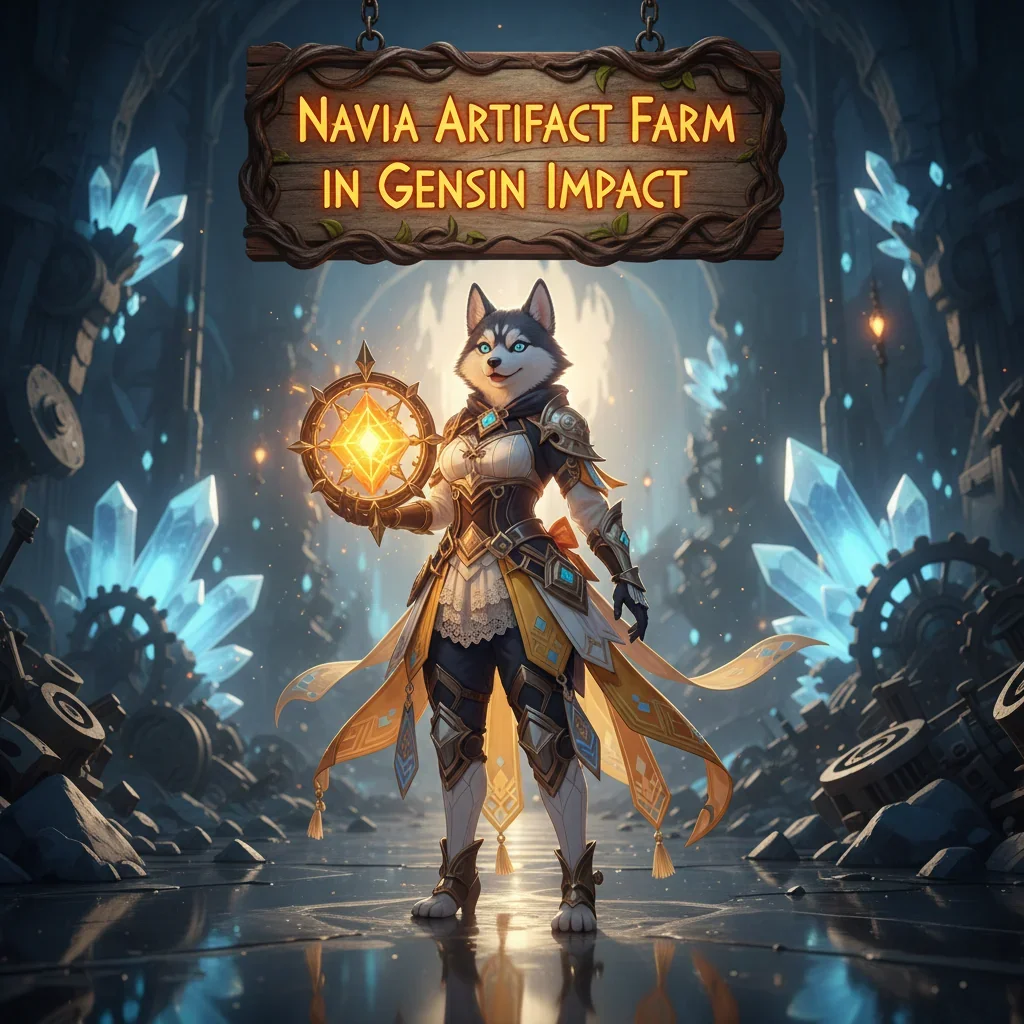 Fantasy game-inspired artwork featuring an anthropomorphic husky character in a themed outfit, related to artifact farming content in Genshin Impact.