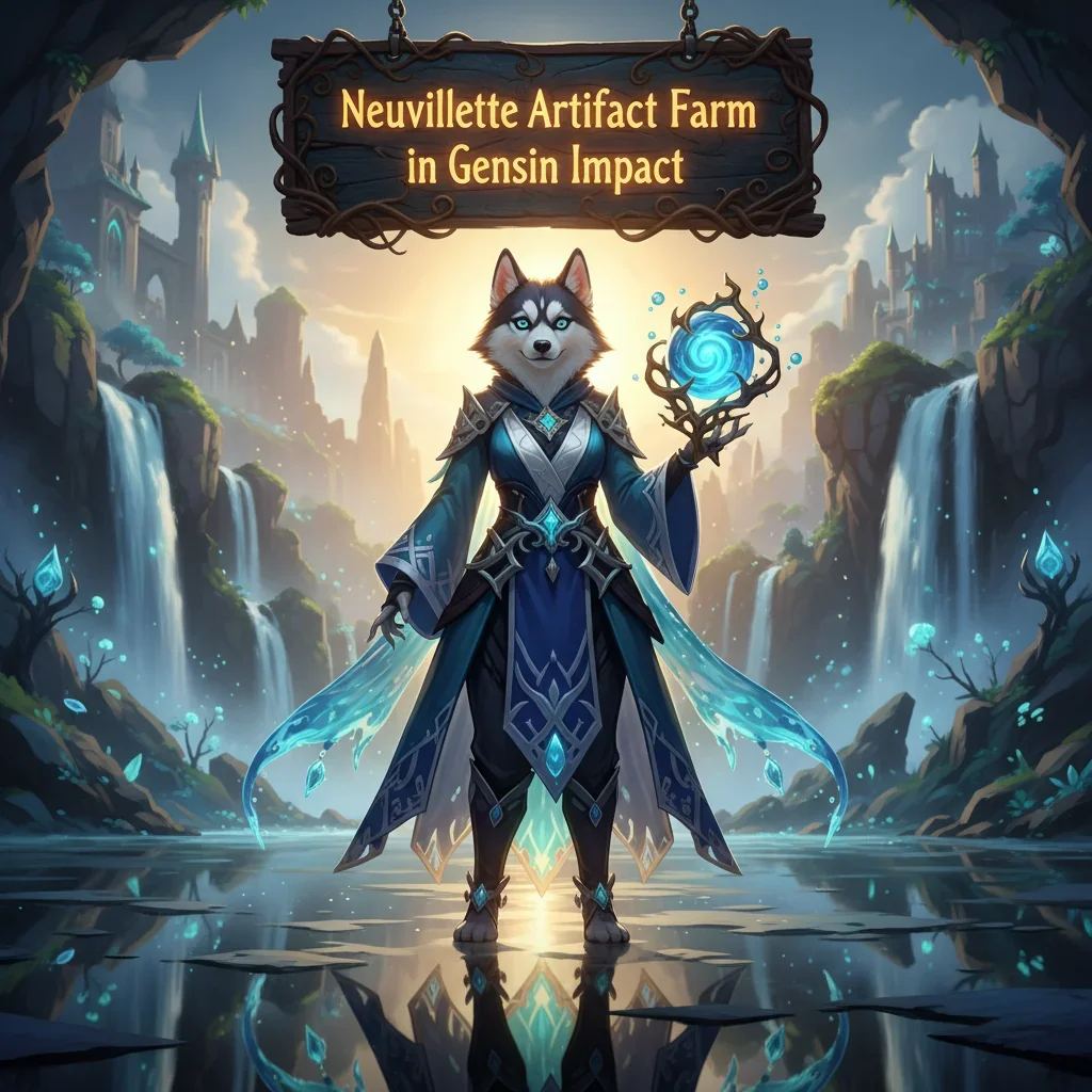 A fantasy game-inspired artwork featuring an anthropomorphic husky character in a themed outfit, related to Neuvillette artifact farming.