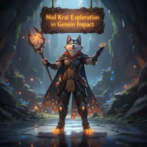 Fantasy artwork of an anthropomorphic husky character in an ancient robe, representing Genshin Impact 100% exploration content.
