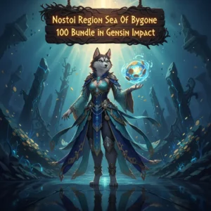 Fantasy artwork featuring an anthropomorphic Husky character, themed around the Nostoi Region and Sea of Bygone Eras 100% Bundle Boost in Genshin Impact.