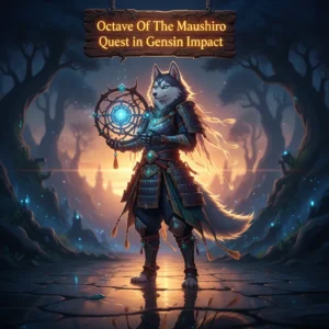 An anthropomorphic Husky character in fantasy attire, against a backdrop of ancient ruins and mystical glowing elements, representing Genshin Impact quest content.