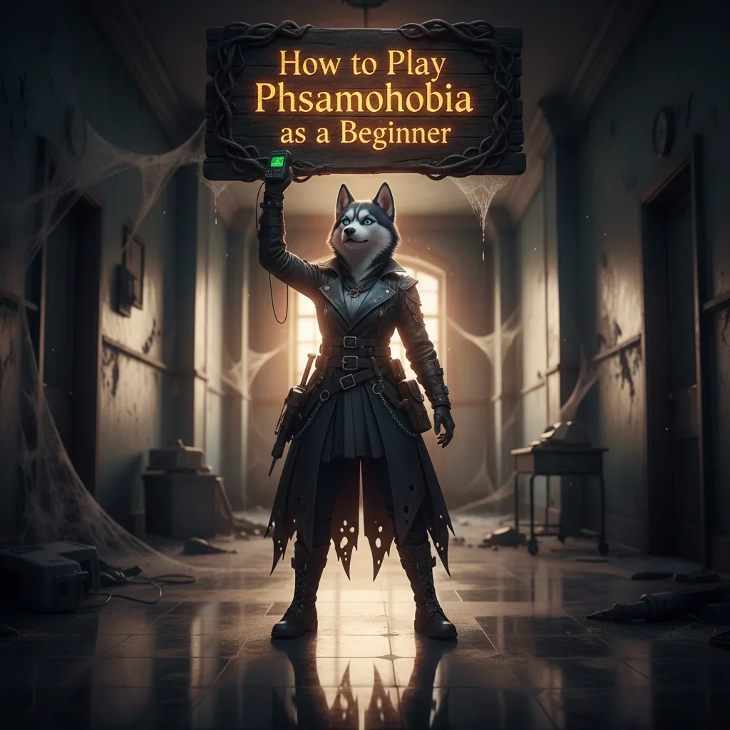 Phasmophobia beginner's guide showing a ghost hunter with a flashlight exploring a haunted house.