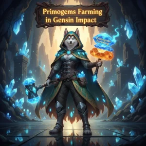 Fantasy artwork featuring an anthropomorphic Husky character, themed around Primogem acquisition and resource management content.